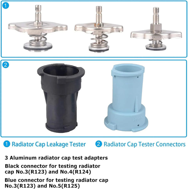 28 Piece Universal Radiator Pressure Tester Kit includes 3 Aluminum radiator cap leakage test adapters and connectors.