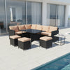 Modern Iron PE Rattan Outdoor Furniture Set arranged around a poolside area with soft cushions and a glass table.