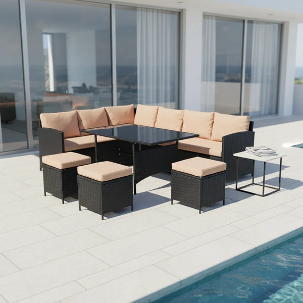 Modern Iron PE Rattan Outdoor Furniture Set arranged around a poolside area with soft cushions and a glass table.