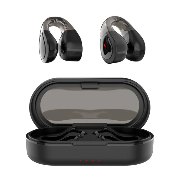 Q60 Open Ear Clip Bluetooth Earbuds showcasing the earbuds and charging case.