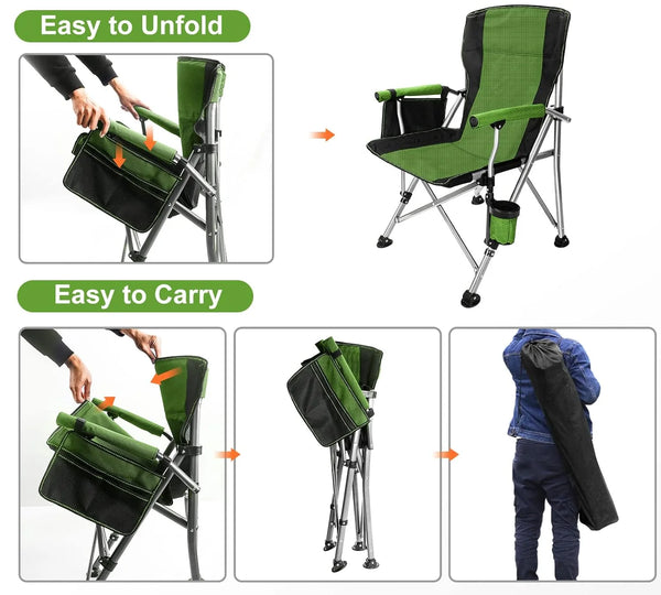 Horseshoe Portable Folding Outdoor Chair showing easy unfolding and carrying features.