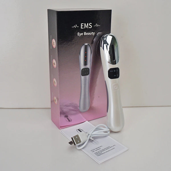Eye Lifting Heat Compression Massager Wand with packaging and accessories on display.