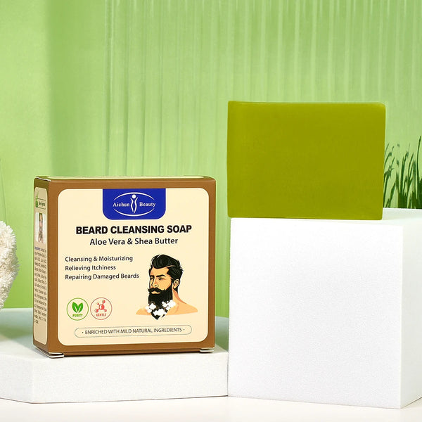 Aichun Beauty Natural Beard Cleaning Soap packaging featuring aloe vera and shea butter for beard cleansing.