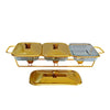 Square Glass Lid Buffet Chafing Dish Food Warmer with gold accents and three serving compartments.