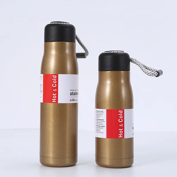 Stainless Steel Vacuum Insulated Flask in two sizes, designed for hot and cold beverages, durable and portable.