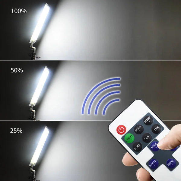4.5M Telescopic Fishing Rod with 360 Light COB Lamp remote control showing light levels and settings.