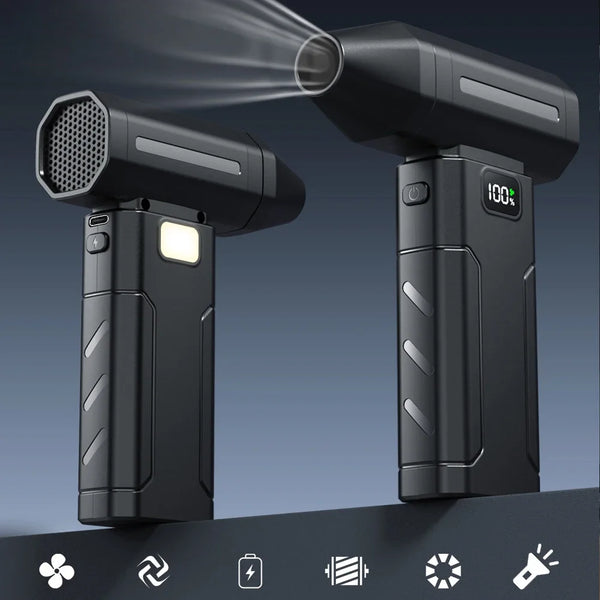 Portable Mini Turbo Handheld Fan with Digital Display showcasing its compact design and powerful airflow capabilities.