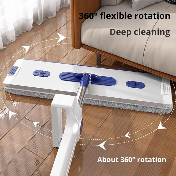 Hand Free Microfiber Mop with Foldable Bucket showing 360° flexible rotation for deep cleaning on hardwood floors.