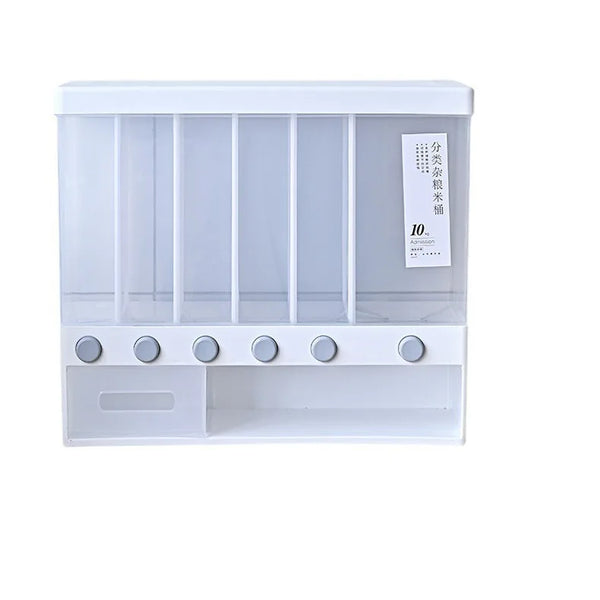 6 Compartment Dry Food Dispenser for organized kitchen storage of grains, cereals, and snacks.