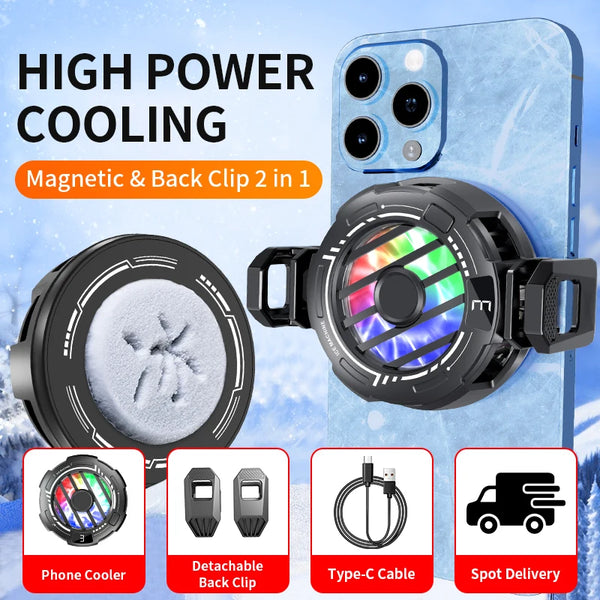 Mobile Gaming Phone Cooler with Digital Display attached to a smartphone for high power cooling.