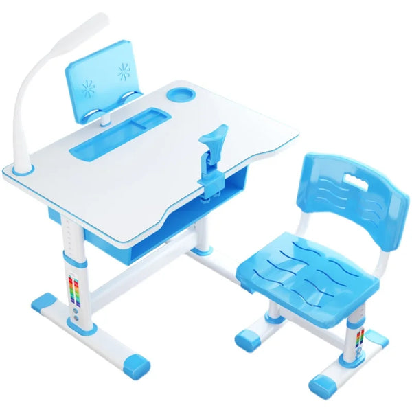 Metal Ergonomic Design Lift Chair and Table with Lamp featuring adjustable blue desk and chair.