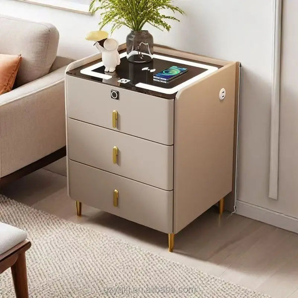 Modern Minimalist Solid Wood Wireless Nightstand with Storage Cabinet featuring sleek design and practical storage.