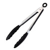 Heat Resistant Silicone Tipped Stainless Steel Tongs with black handles for safe food handling.