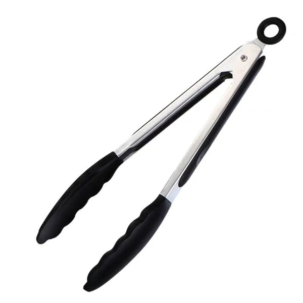 Heat Resistant Silicone Tipped Stainless Steel Tongs with black handles for safe food handling.