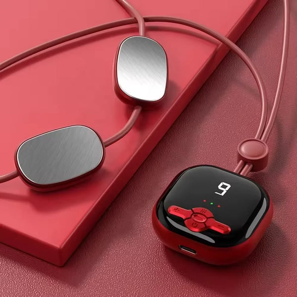 Smart Electric Pendant Neck Massager with Hot Compress on a red background, showcasing sleek design and controls.