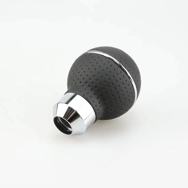 Universal 5-Speed Leather Gear Shift Knob, round black leather design with chrome accents for smooth shifting.