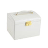 Square Leather and Walnut Wood Jewelry Box in white with gold clasp and handle.