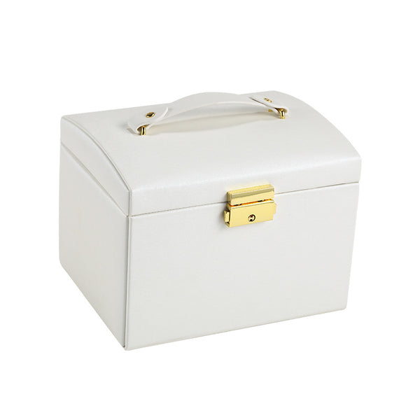 Square Leather and Walnut Wood Jewelry Box in white with gold clasp and handle.