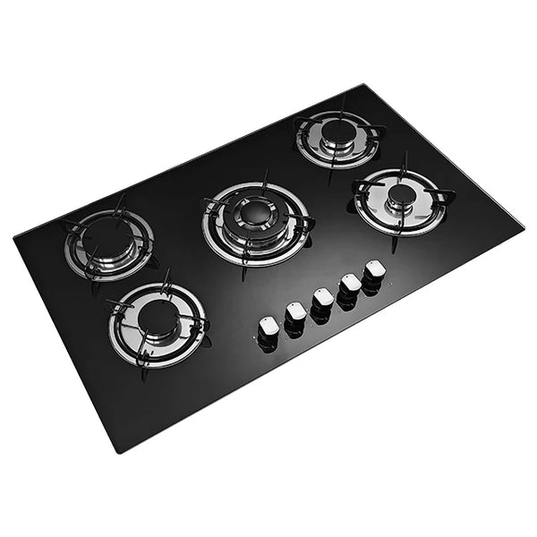 5 Burner Glass Gas Cooker Cooktop Induction Stove - sleek black design with five burners and knobs for easy operation.