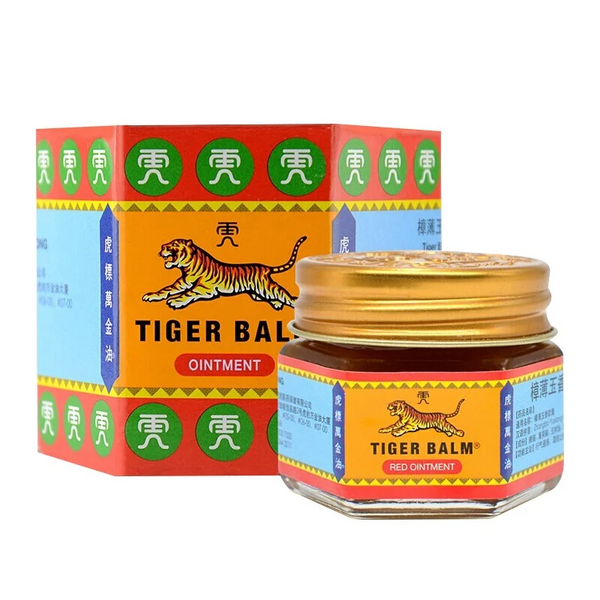 Red Tiger Medicated Cooling Relief Balm packaging and jar, effective for sore muscles and joint stiffness.
