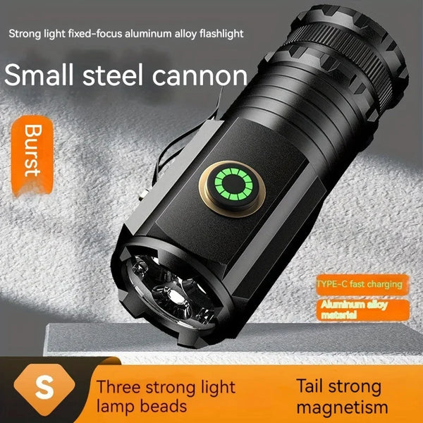 Ultra Bright Strong Magnet USB-C Rechargeable Flashlight featuring durable aluminum alloy design and bright LED lights.