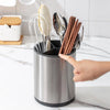 360 Rotating Stainless Steel Utensil Holder with kitchen utensils organized on countertop.