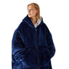 Oversized Sherpa Wearable Hoodie Blanket featuring a model in a cozy navy blue plush design.