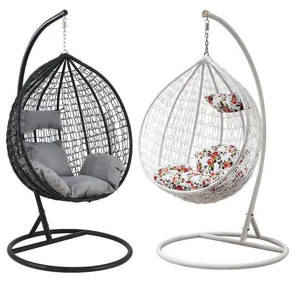 Grey Garden Outdoor Hanging Chair in black and white designs with comfortable cushions for relaxing moments.