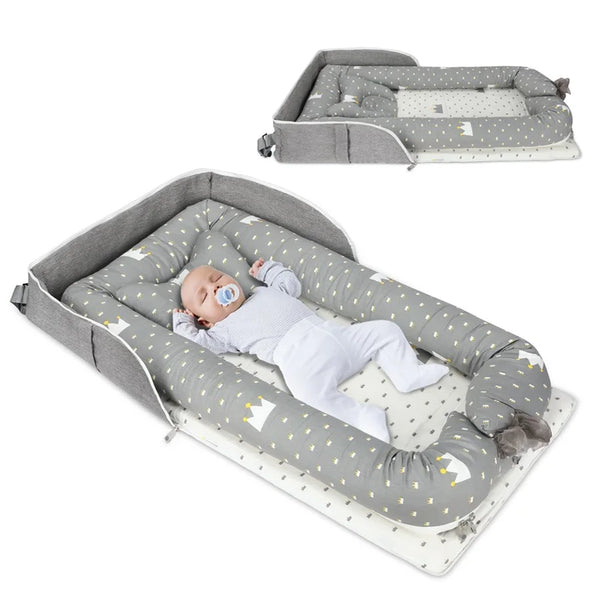 Fashionable 2 in1 Baby Travel Bed with a sleeping baby in cozy design.