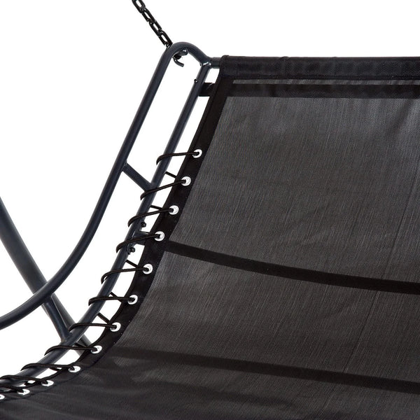 Close-up of the fabric and frame of the Swinging Hammock Garden Lounger with Roof, showcasing its durability and design.