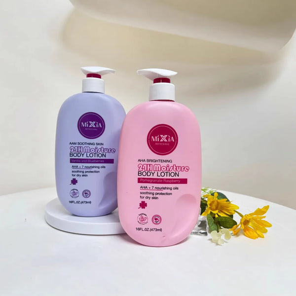 AHA Soothing 24H Moisture Body Lotion and AHA Brightening 24H Moisture Body Lotion displayed together with flowers.