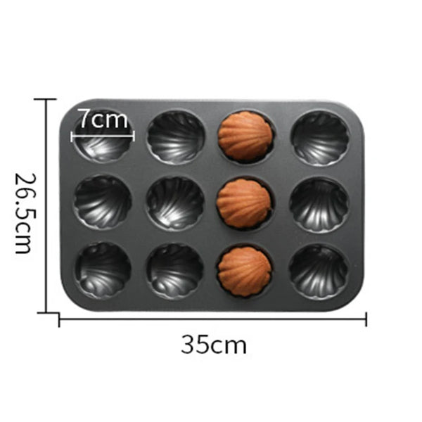Carbon Steel Shell Shape Baking Mold with twelve shell-shaped cavities for baking madeleines and biscuits.