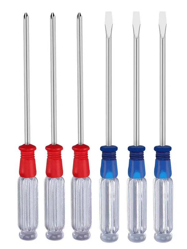 Set of crystal magnetic cross word screwdrivers with red and blue handles for home repairs and tightening screws.