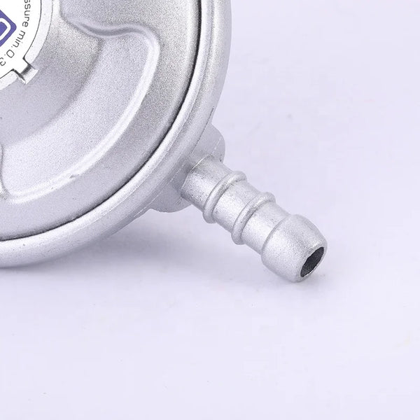28mbar LPG Gas Regulator with Shutoff Valve showing the silver regulator component.