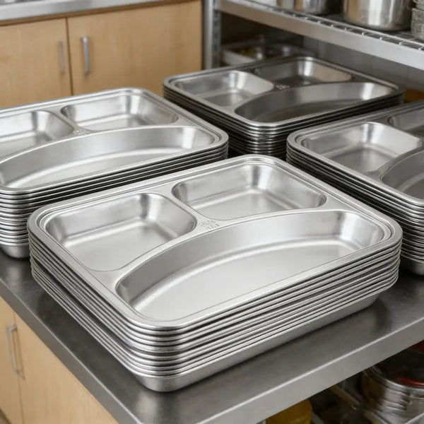 304 Stainless Steel 3 Compartment Lunch Box stacked in a kitchen for meal organization and portability.