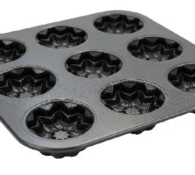 Non-Stick 9-Cavity Square Muffin Pan with fluted edges for baking uniform desserts.
