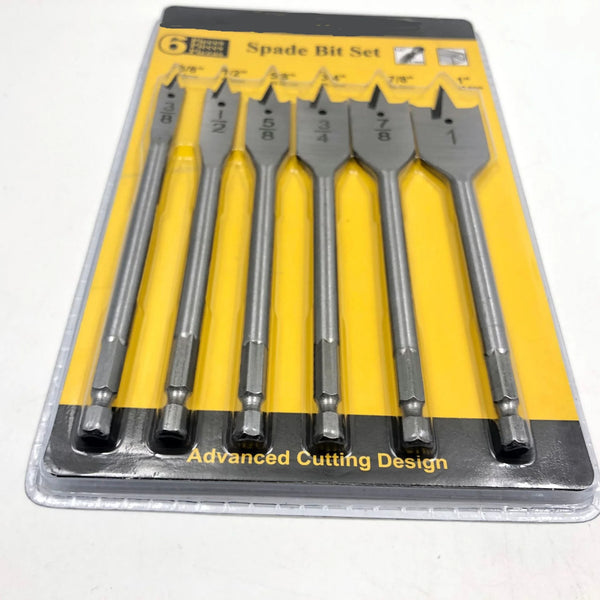 6 Piece Hex Shank Spade Bit Wood Drill Kit showcasing six spade bits for efficient drilling in wood.