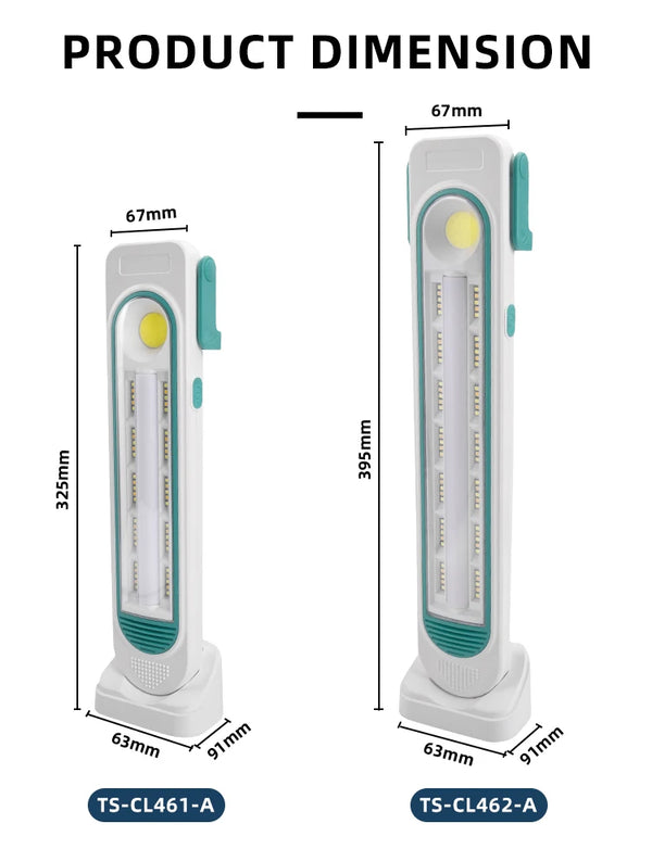 Product dimensions of the IP44 Solar & Type-C Portable Outdoor Lamp, showing two models TS-CL461-A and TS-CL462-A.