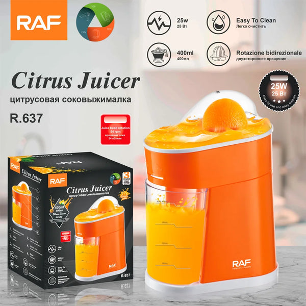 Electric Citrus Juicer with 400ml Collection Cup in vibrant orange, designed for quick and easy citrus juice extraction.