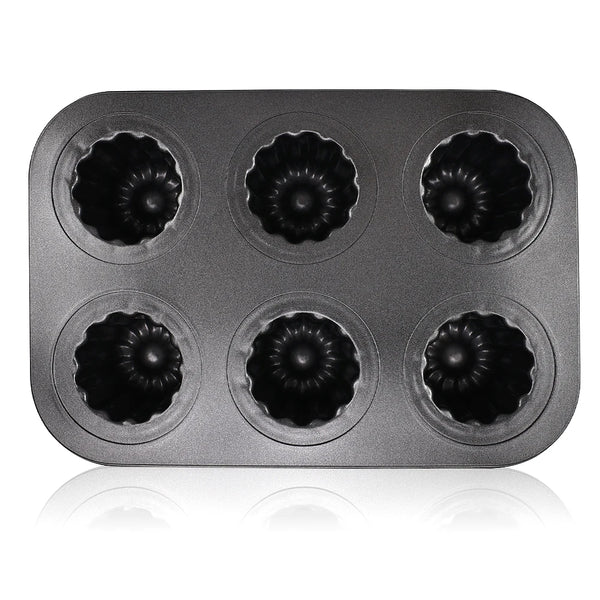 Image of a Carbon Steel 6-Cup Cannelé Baking Tray showing six individual molds for perfect pastries.