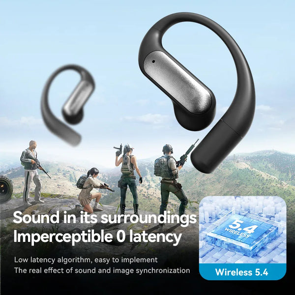 Wireless Sports Earbuds with AI Real-Time Translation showcased in an outdoor gaming scene highlighting low latency.