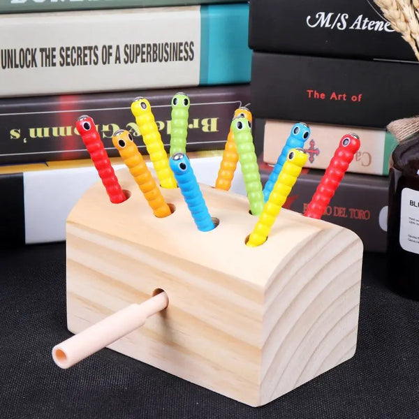 Magnetic Wooden Catching Insects Fishing Toy with colorful worms in a wooden base for fun learning.