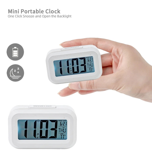 Smart Digital LCD Desk Clock with Temperature Display held in hand showing time and temperature