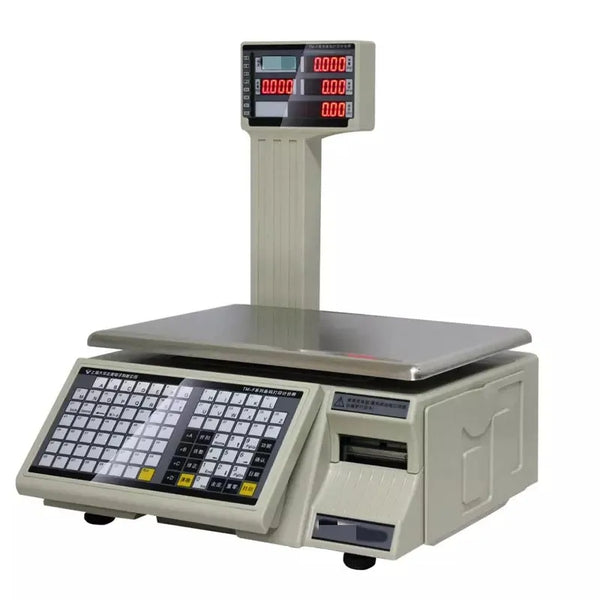 TM-F 15kg 30kg Digital Label Printing Barcode Scale with display and keypad for retail transactions.