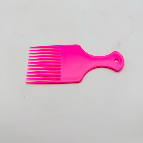 Wide-Tooth Hair Pick Comb in bright pink color, ideal for detangling and styling hair.