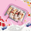 Mini Frozen Treat Maker showcasing rolled ice cream with toppings on a pink background, perfect for homemade desserts.