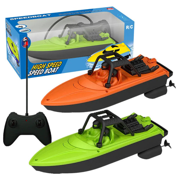 4-Channel LED Remote Control Speedboat in orange and green with remote control and packaging.