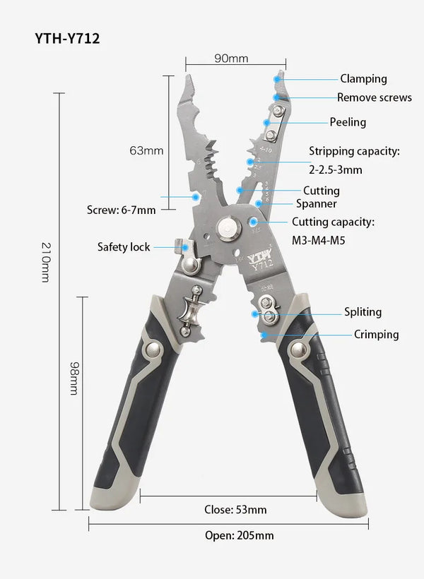 Image of a Multifunctional Wire Cable Stripper with specifications for clamping, peeling, and crimping.