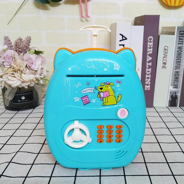 Suitcase Design Piggy Bank ATM Money Safe Box for Money in blue, shaped like a playful cat with buttons and slots.