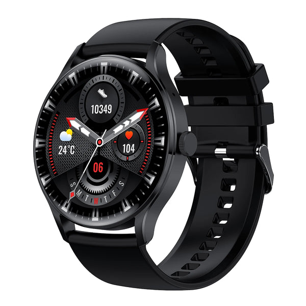 HK33 BT Call Fashion Smart Watch in black, displaying health metrics and time on a stylish watch face.